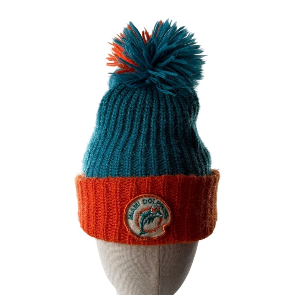 Vintage Miami Dolphins NFL Knit Pom Beanie Hat Aqua Orange Ribbed Cuff Retro